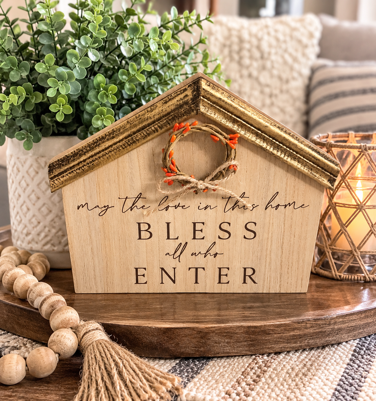 Bless All Who Enter Wooden House Table Decor