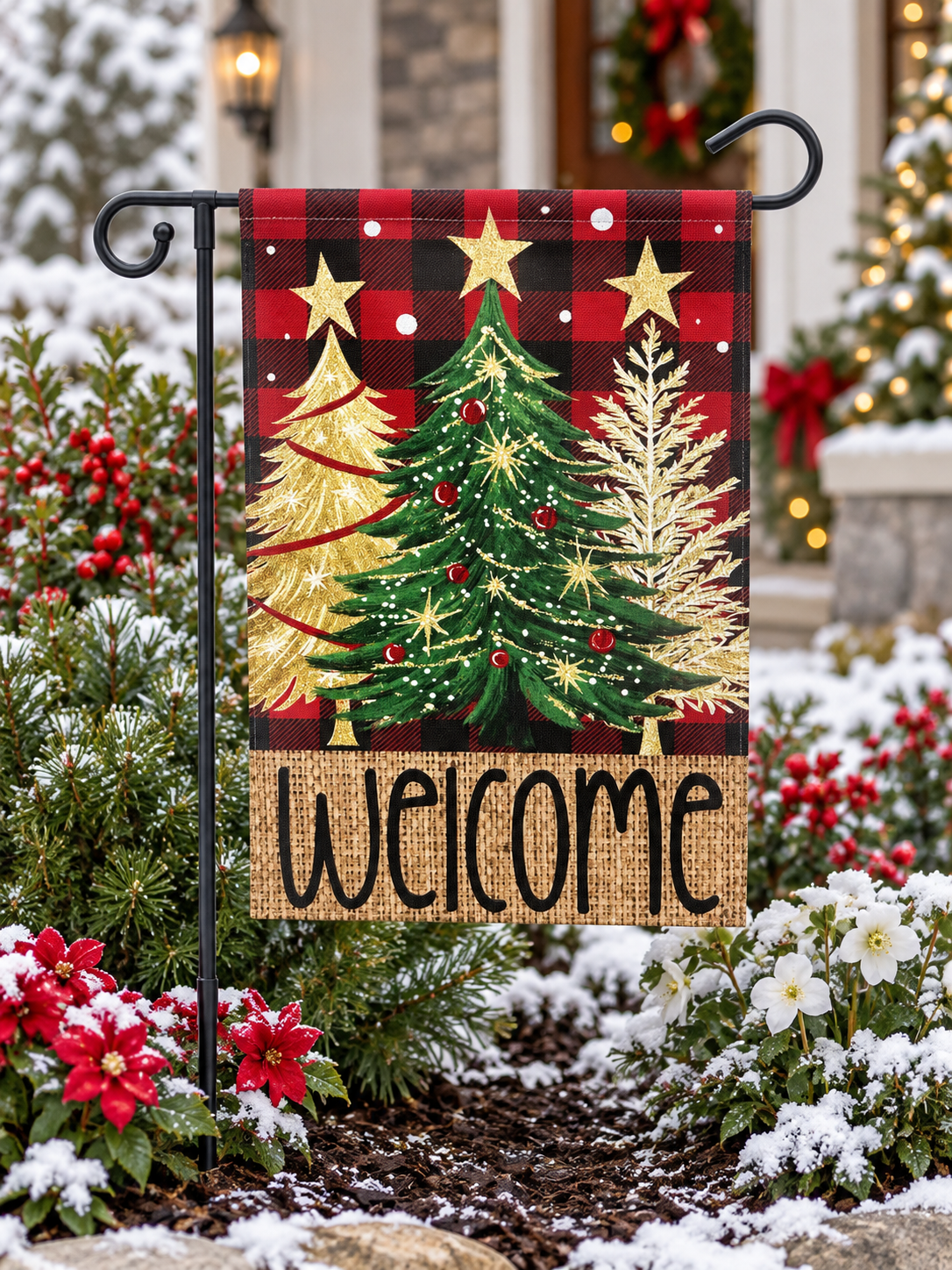 Buffalo Plaid Christmas Trees Welcome Garden Flag