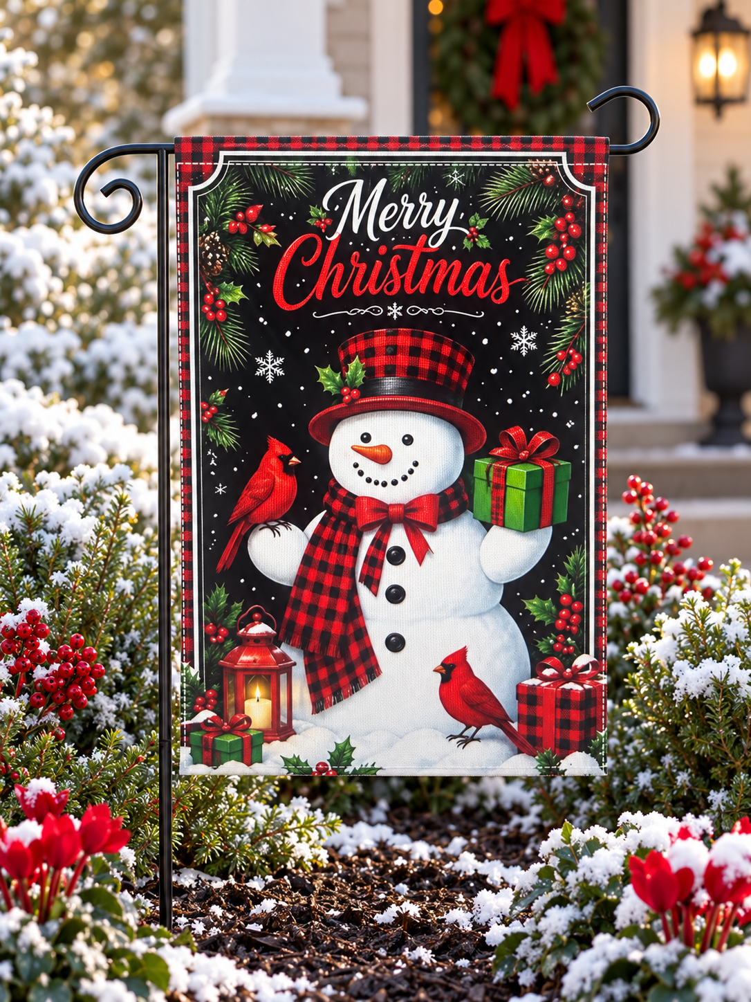 Merry Christmas Snowman & Cardinals Garden Flag