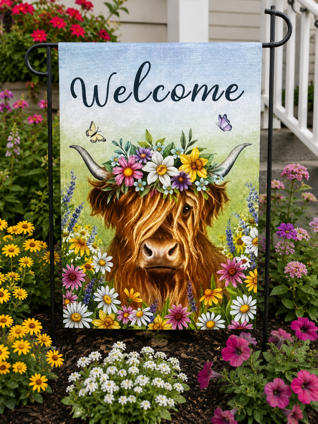 Highland Cow Floral Welcome Garden Flag – Wildflower Farmhouse Outdoor Yard Decor