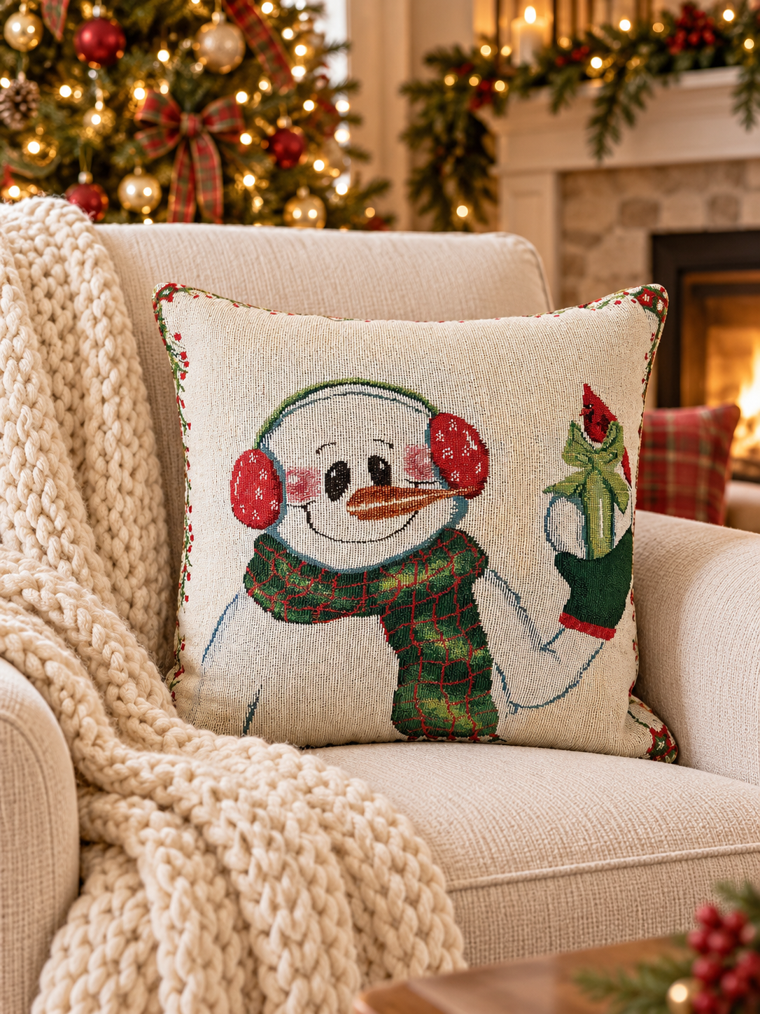Snowman & Cardinal Holiday Pillow