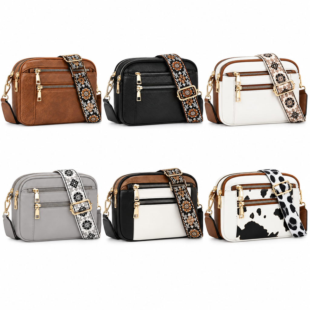 Multi-Pocket Crossbody Bag with Wide Floral Strap – Medium Everyday Shoulder Purse-Multiple color choices